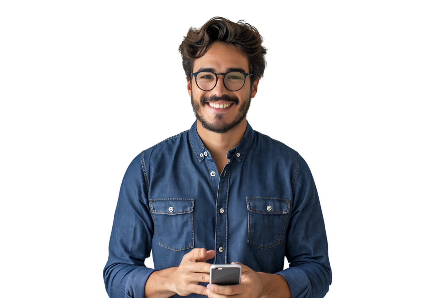Young man standing holding smartphone and looking at camera on isolated transparent background png
