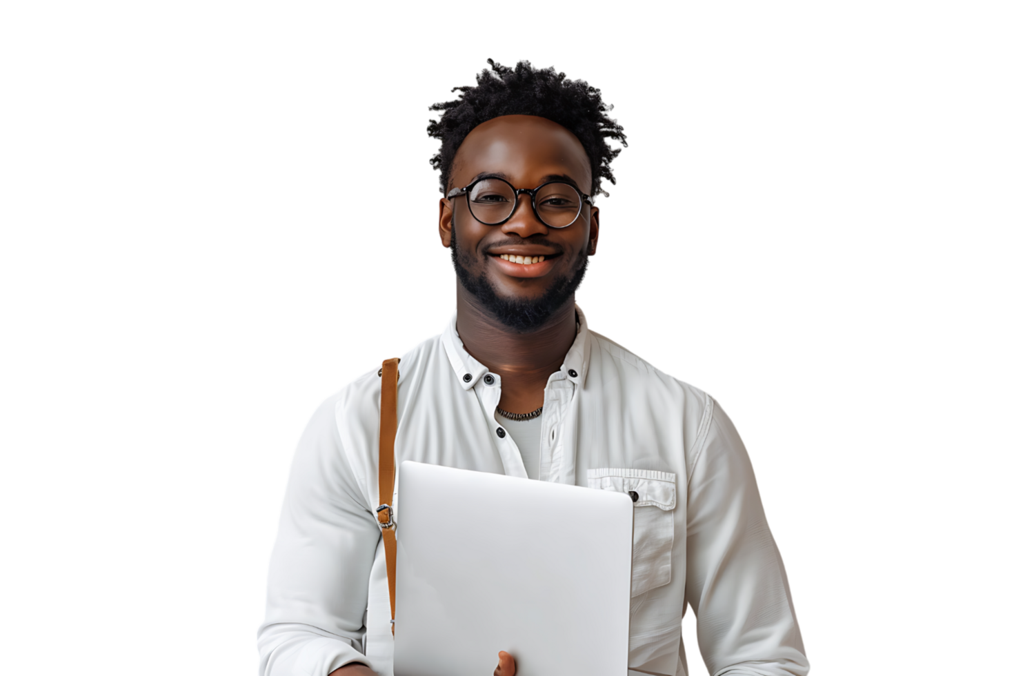 Young man standing holding laptop and looking at camera on isolated transparent background png