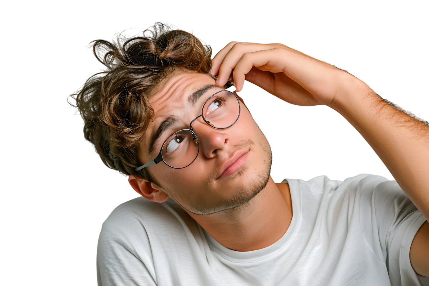 Young doubtful man thinking, scratching head and trying to find solution on isolated transparent background png