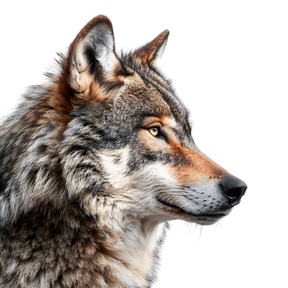 Wolf face shot side view on isolated transparent background png