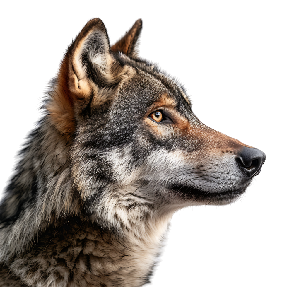 Wolf face shot side view on isolated transparent background png