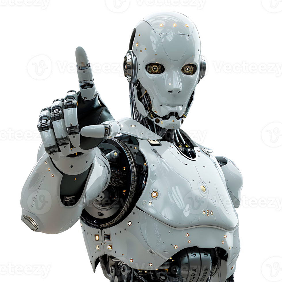 Ai android robot pointing hand at front on isolated transparent background png