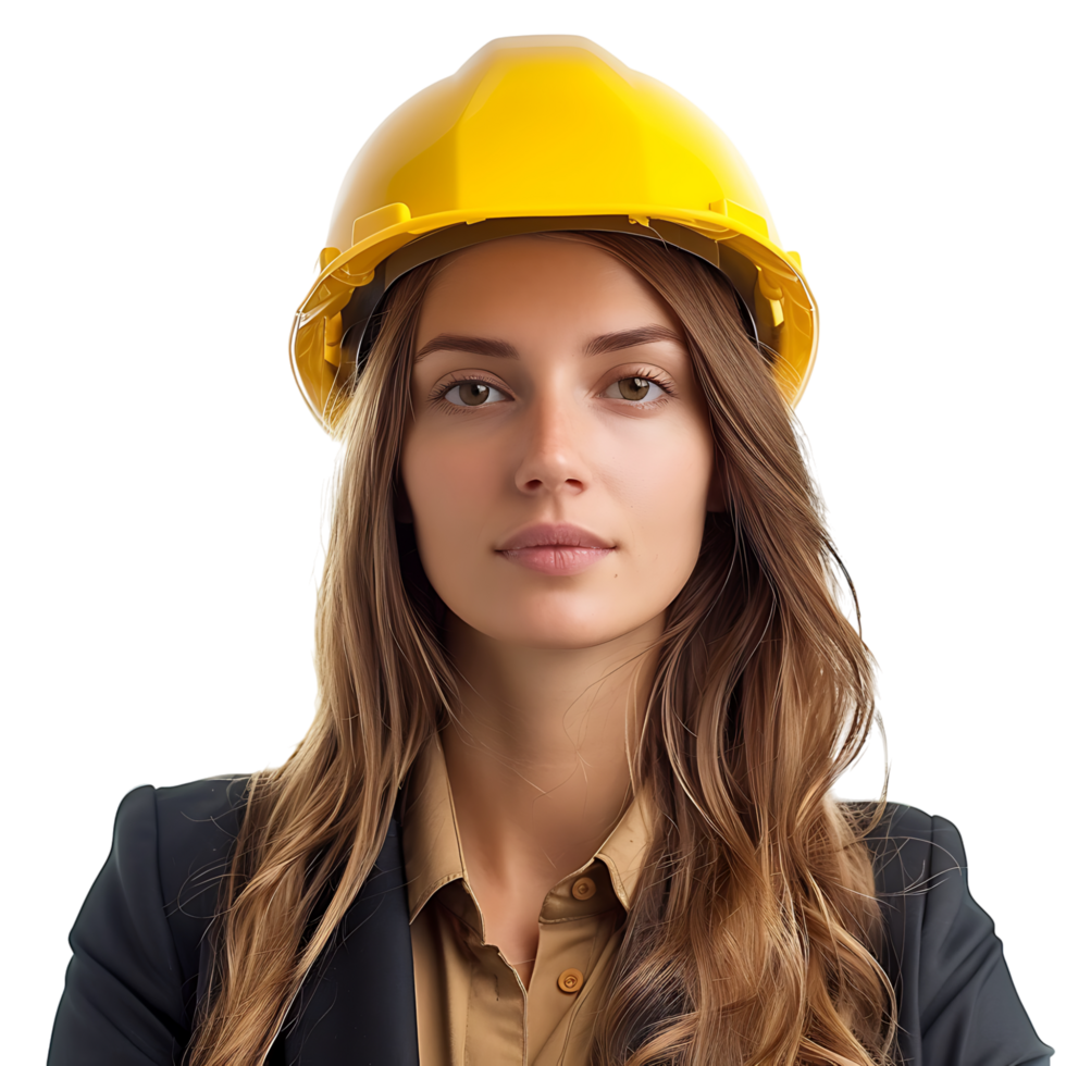 o negócio mulher arquiteto dentro amarelo capacete em isolado transparente fundo png