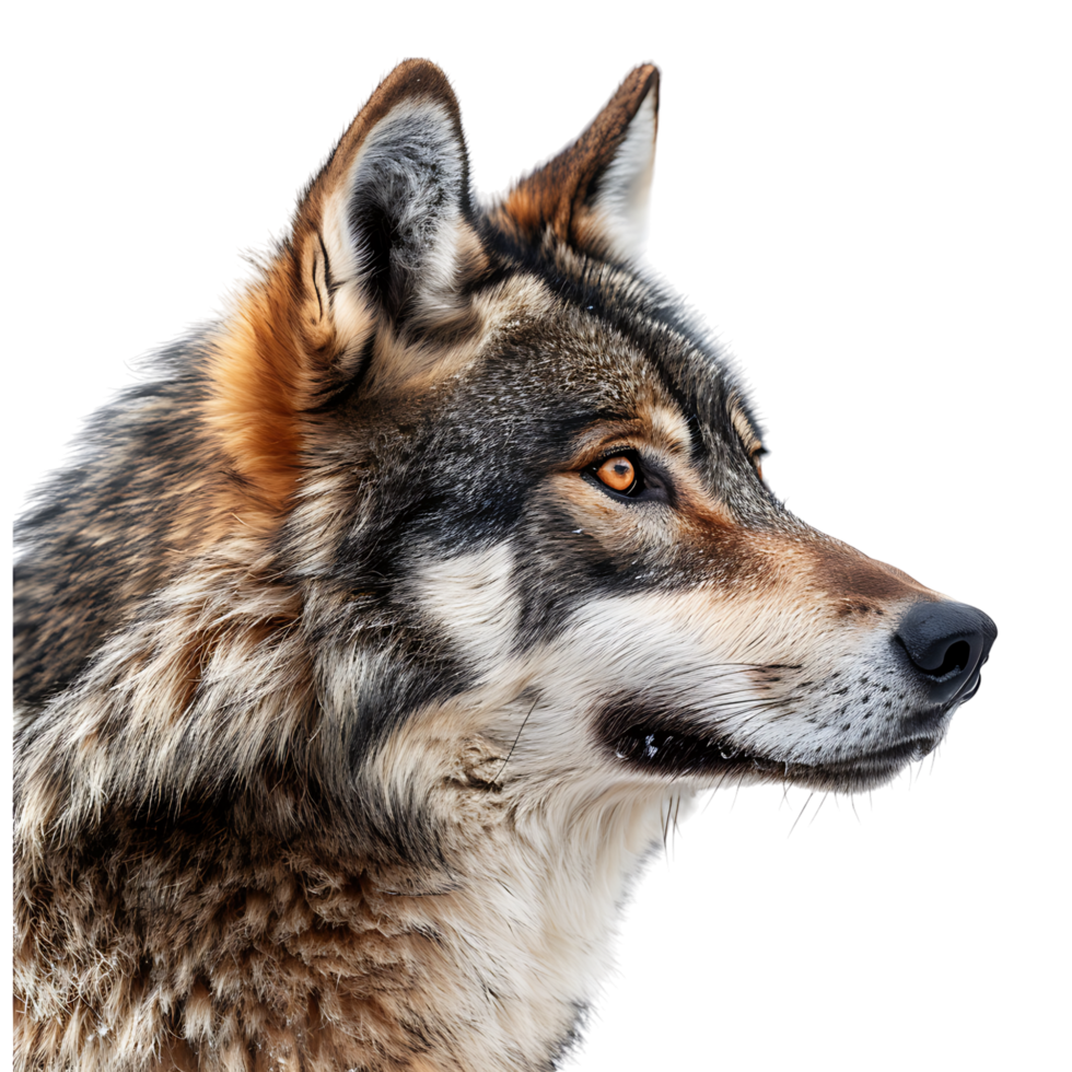 Wolf face shot side view on isolated transparent background png