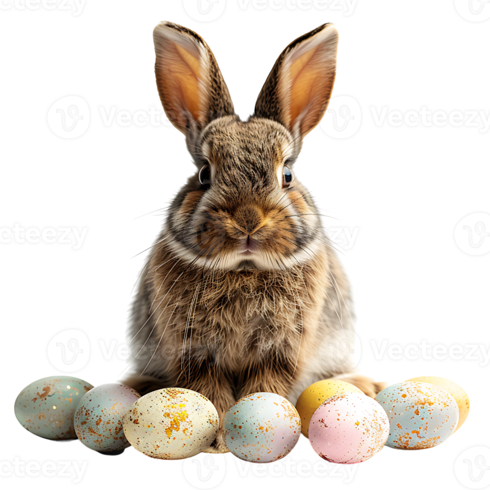 Easter bunny with easter eggs on isolated transparent background png