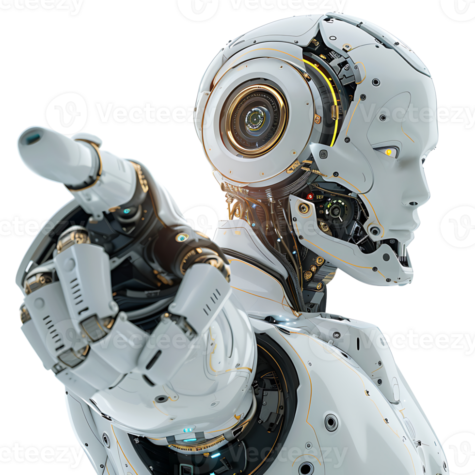 Ai android robot pointing hand at front on isolated transparent background png