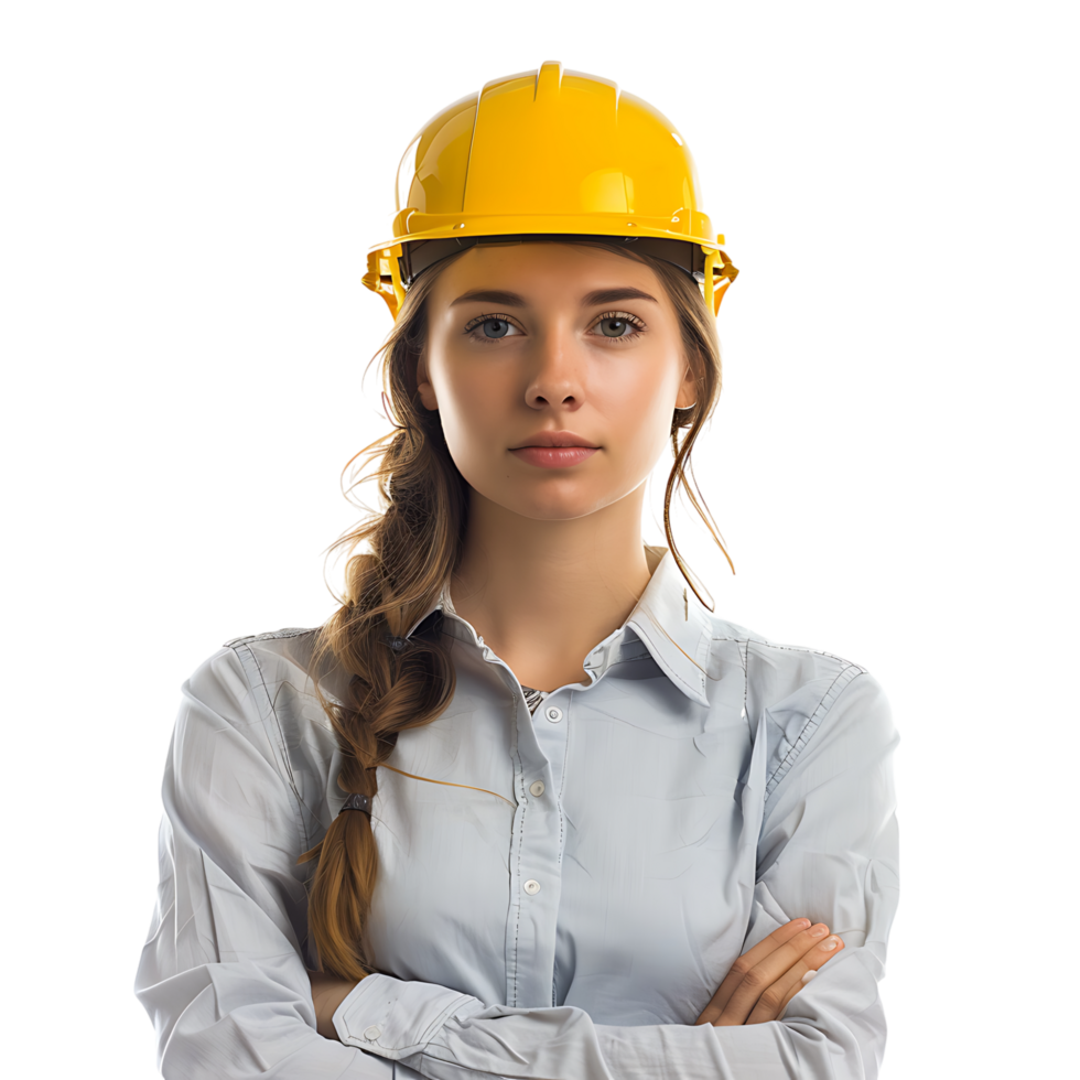 business woman architect in yellow helmet on isolated transparent background png