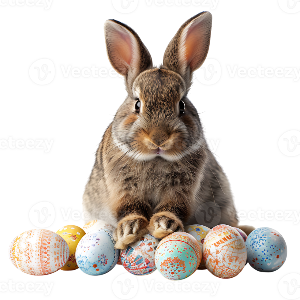 Easter bunny with easter eggs on isolated transparent background png