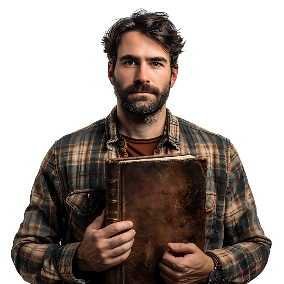 Man holding a book on isolated transparent background png