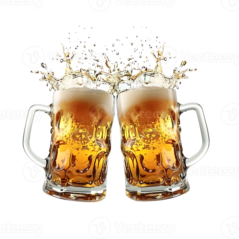Two beer mugs splash toast cheers on isolated transparent background png