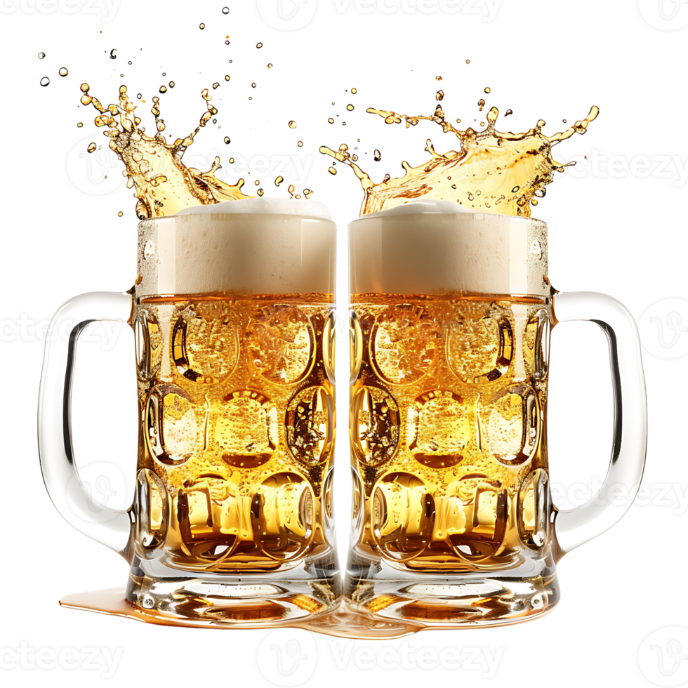 Two beer mugs splash toast cheers on isolated transparent background png