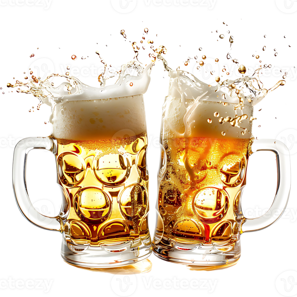 Two beer mugs splash toast cheers on isolated transparent background png