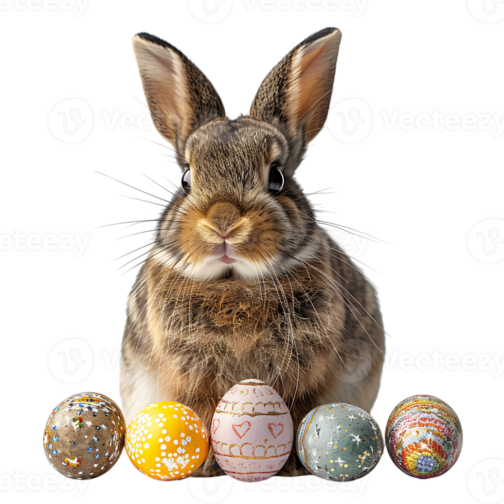 Easter bunny with easter eggs on isolated transparent background png