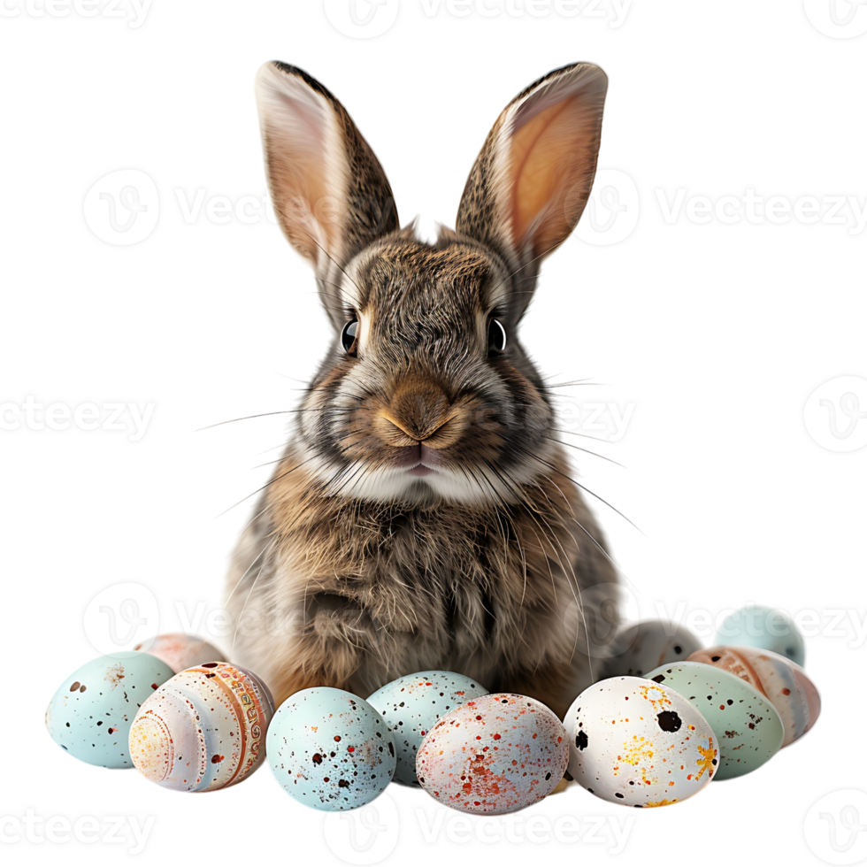 Easter bunny with easter eggs on isolated transparent background png