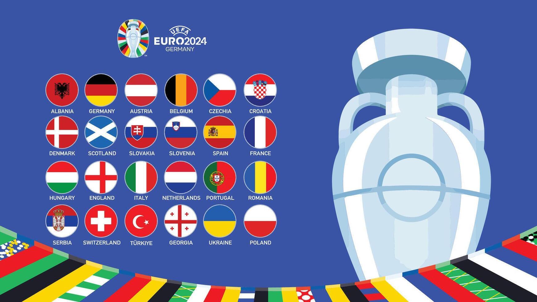 euro 2024 Alemania banderas con trofeo diseño símbolo oficial logo europeo fútbol americano final ilustración vector