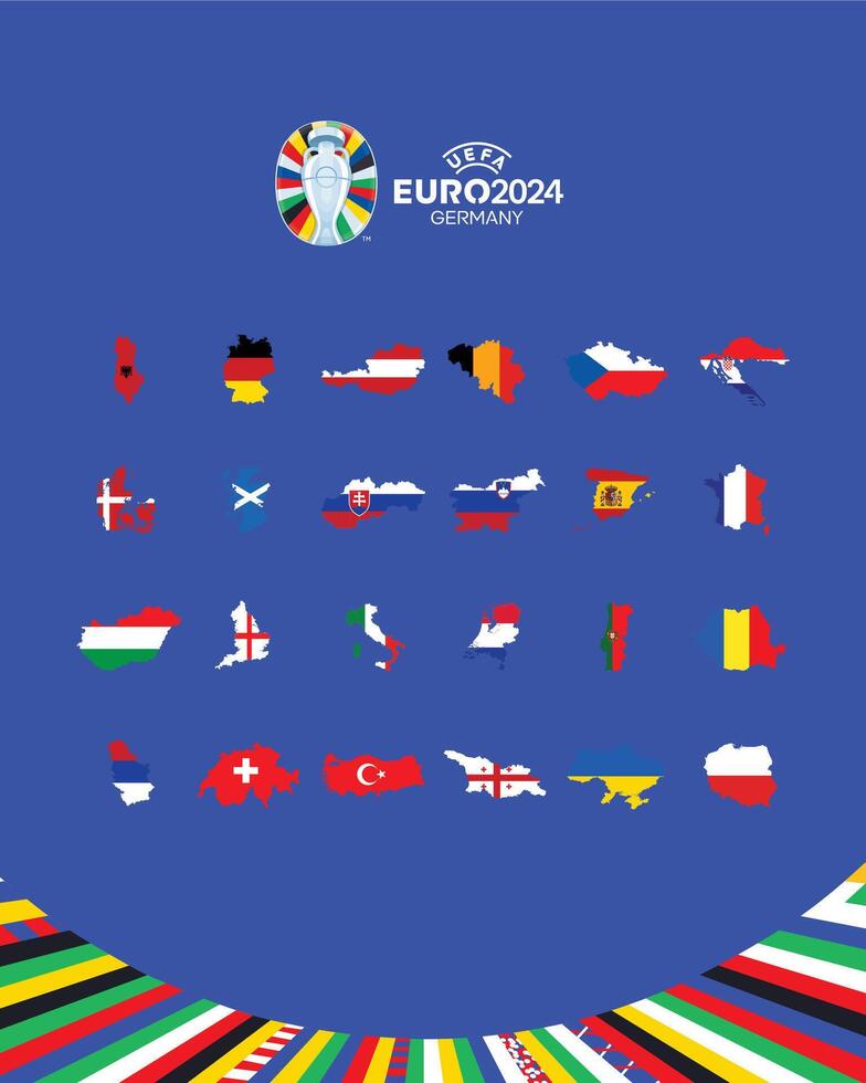 euro 2024 Alemania banderas mapa diseño con símbolo oficial logo europeo fútbol americano final ilustración vector