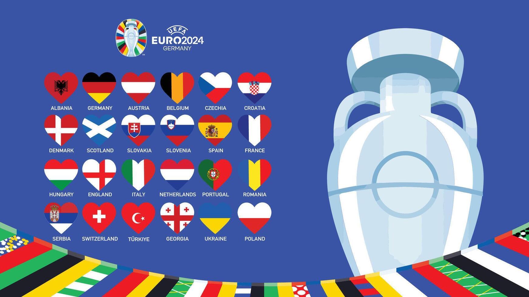 Euro 2024 Germany Flags Heart Emblem Design With Trophy Symbol Official logo European Football final illustration vector