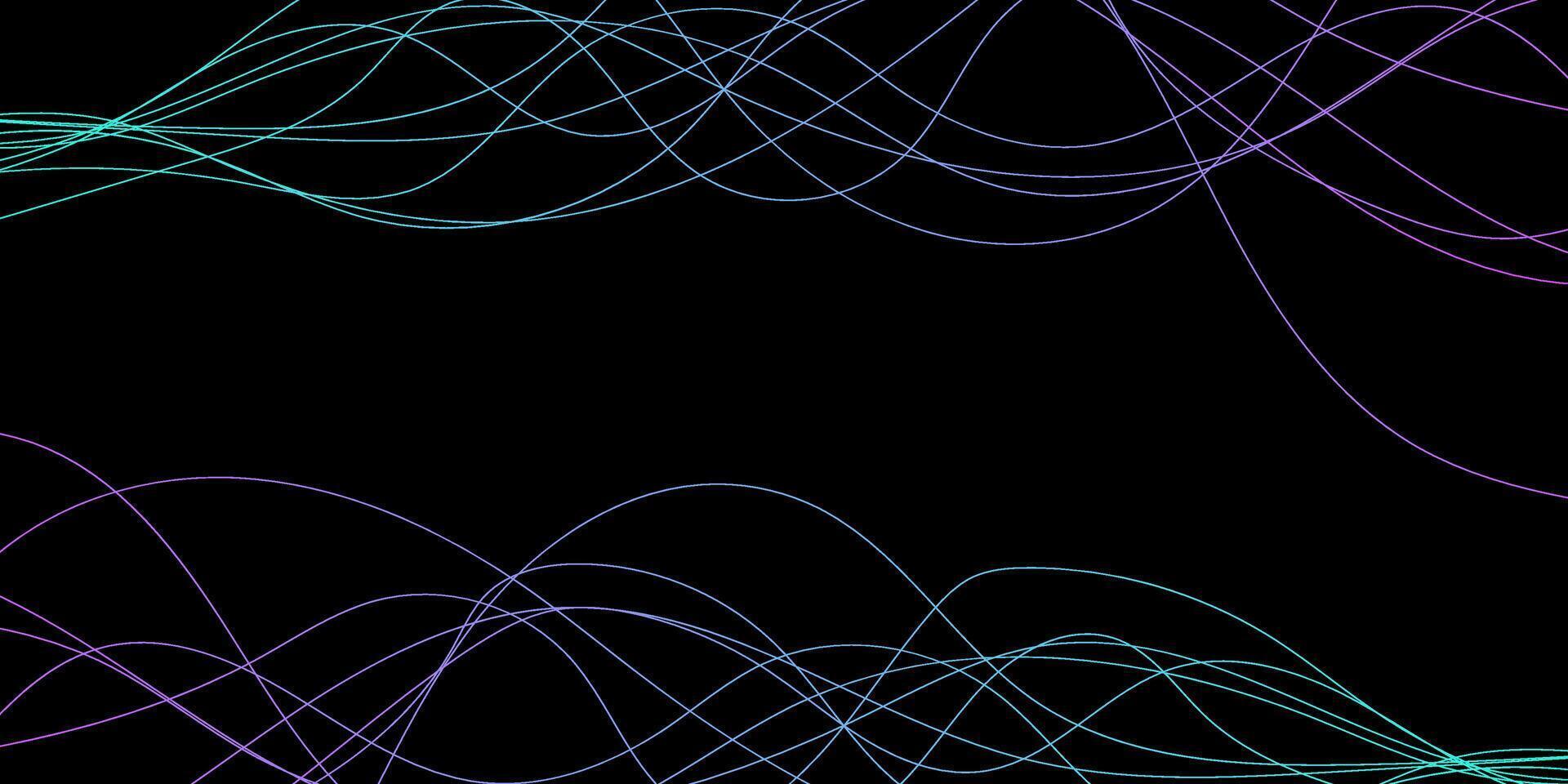 Abstract wavy dynamic blue green violet light lines curve banner on black background in concept technology, neural network, neurology, science, music, neon light vector