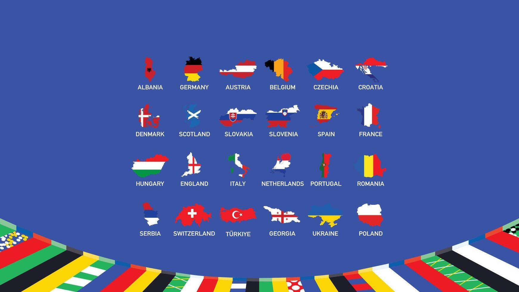 europeo naciones fútbol americano 2024 banderas mapa diseño resumen símbolo europeo fútbol americano equipos países ilustración vector