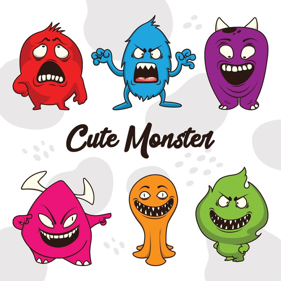 Hand drawn cute Tiny Little Doodle Monsters. Cheerful face emotions. Trendy illustration for kids vector