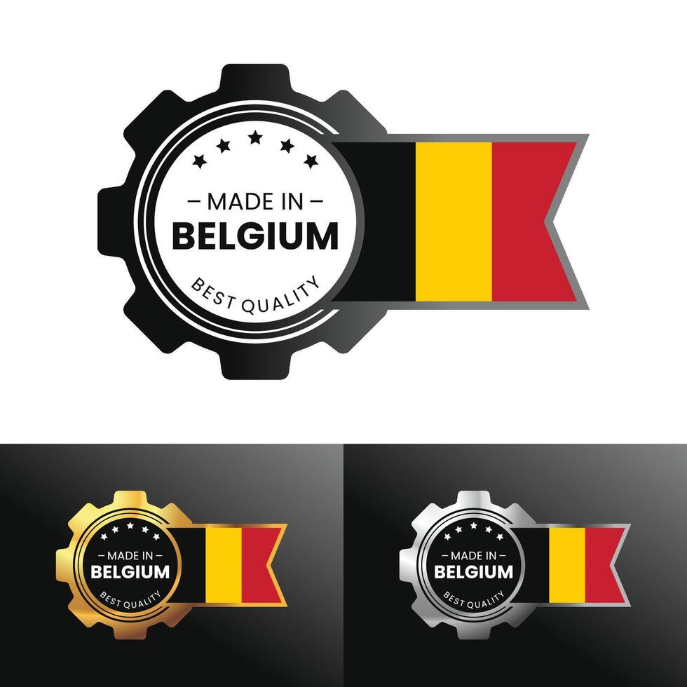 Made in Belgium with gear and flag design. For banner, stamp, sticker, icon, logo, symbol, label, badge, seal, sign. Illustration vector
