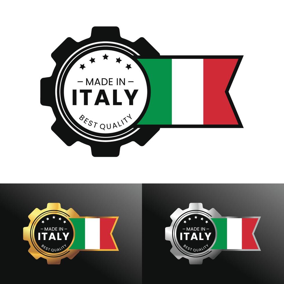 Made in Italy with gear and flag design. For banner, stamp, sticker, icon, logo, symbol, label, badge, seal, sign. Illustration vector