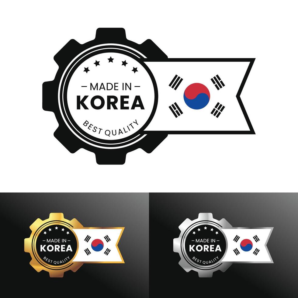 Made in Korea with gear and flag design. For banner, stamp, sticker, icon, logo, symbol, label, badge, seal, sign. Illustration vector