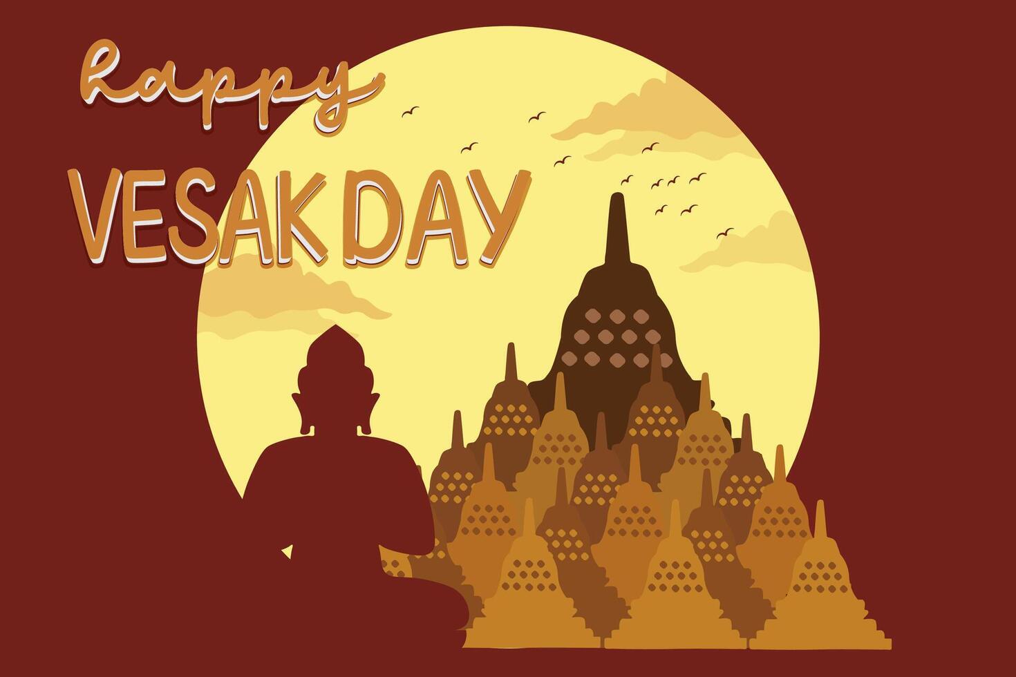 Vesak Day background illustration with the temple and Lord Buddha silhouette. Celebration Vesak Day Design. vector