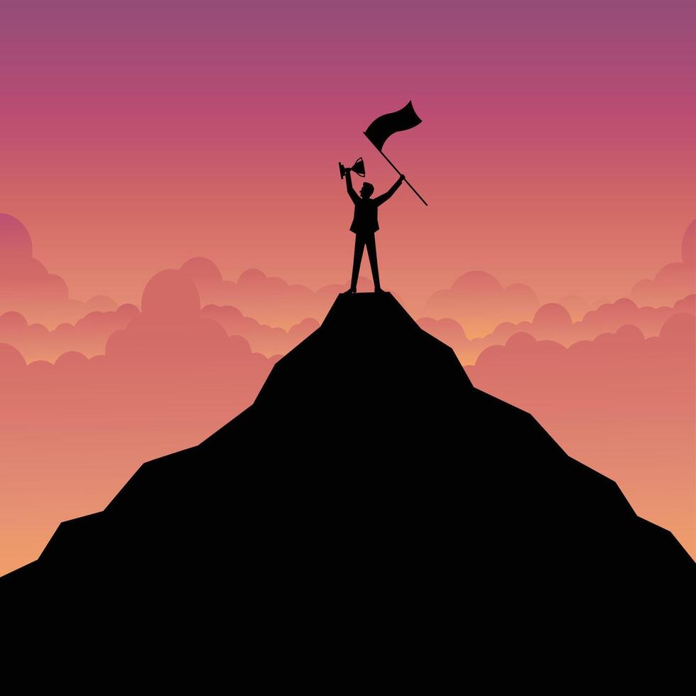 Silhouette of a businessman holding a trophy and flag on mountain vector