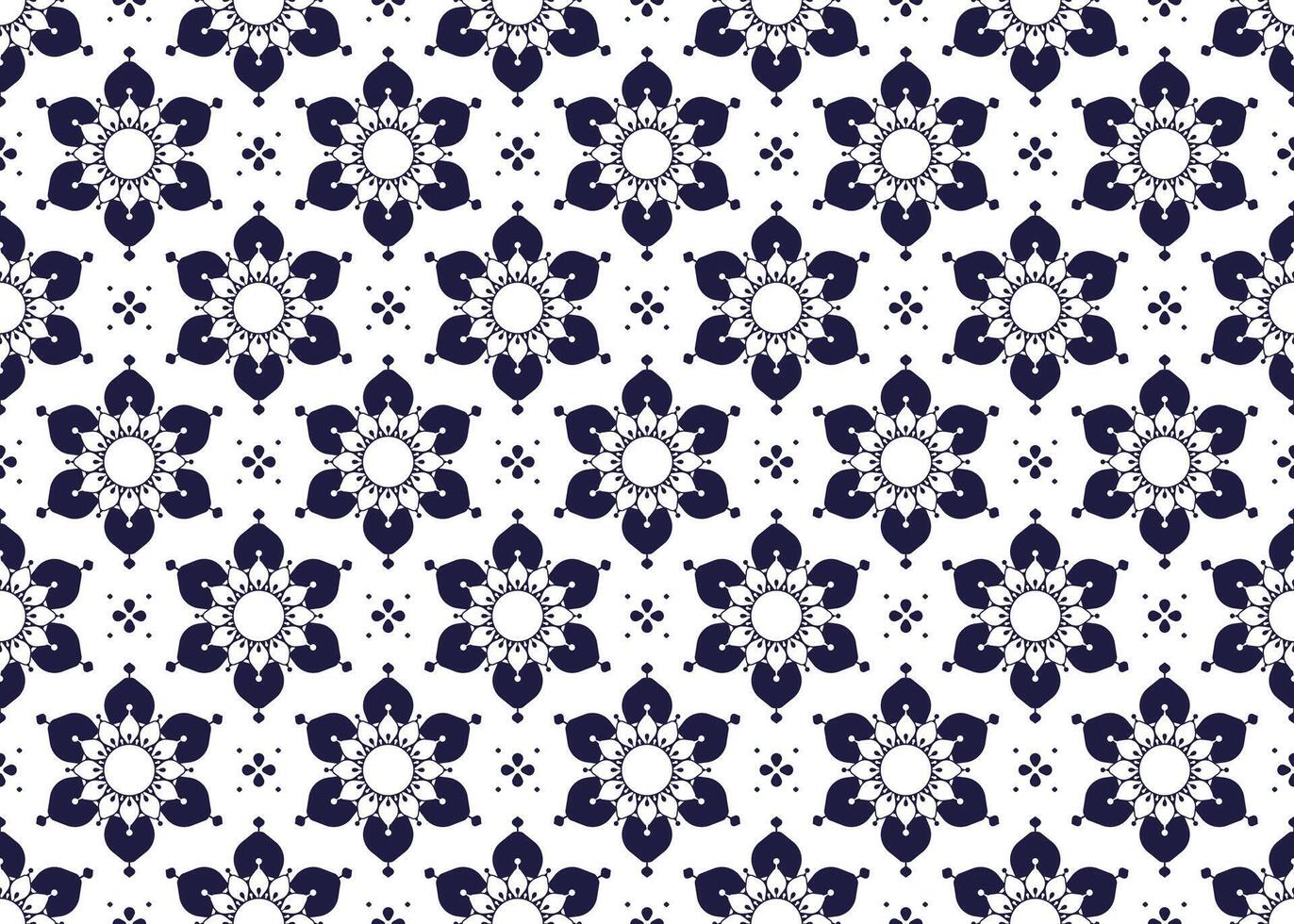 Symbol dark blue flowers on white background, ethnic fabric seamless pattern design for cloth, carpet, batik, wallpaper, wrapping etc. vector