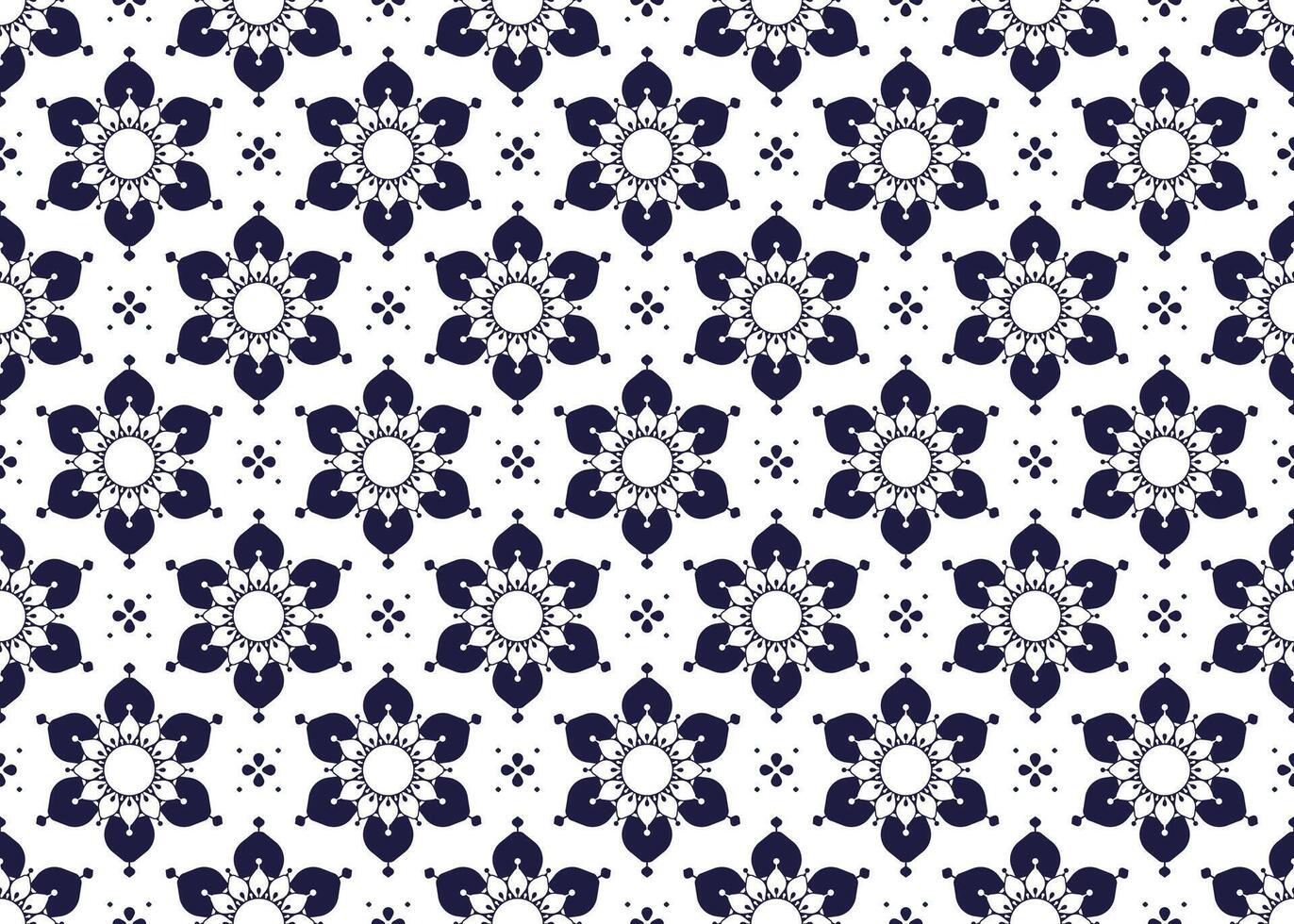 símbolo oscuro azul flores en blanco fondo, étnico tela sin costura modelo diseño para paño, alfombra, batik, fondo de pantalla, envase etc. vector