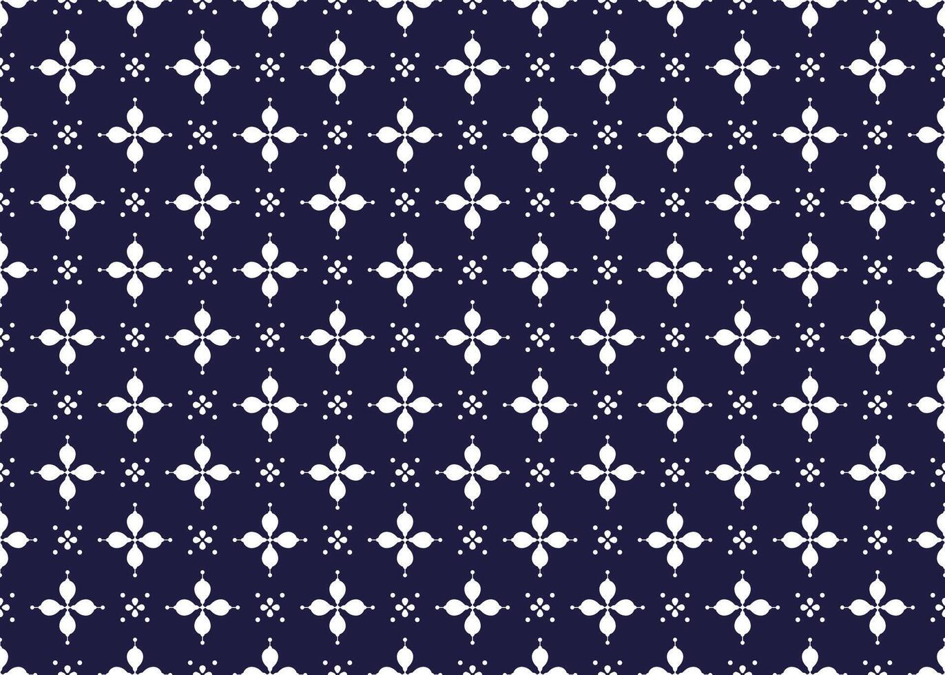 White symbol flowers form on dark blue background, ethnic fabric seamless pattern design for cloth, carpet, batik, wallpaper, wrapping etc. vector
