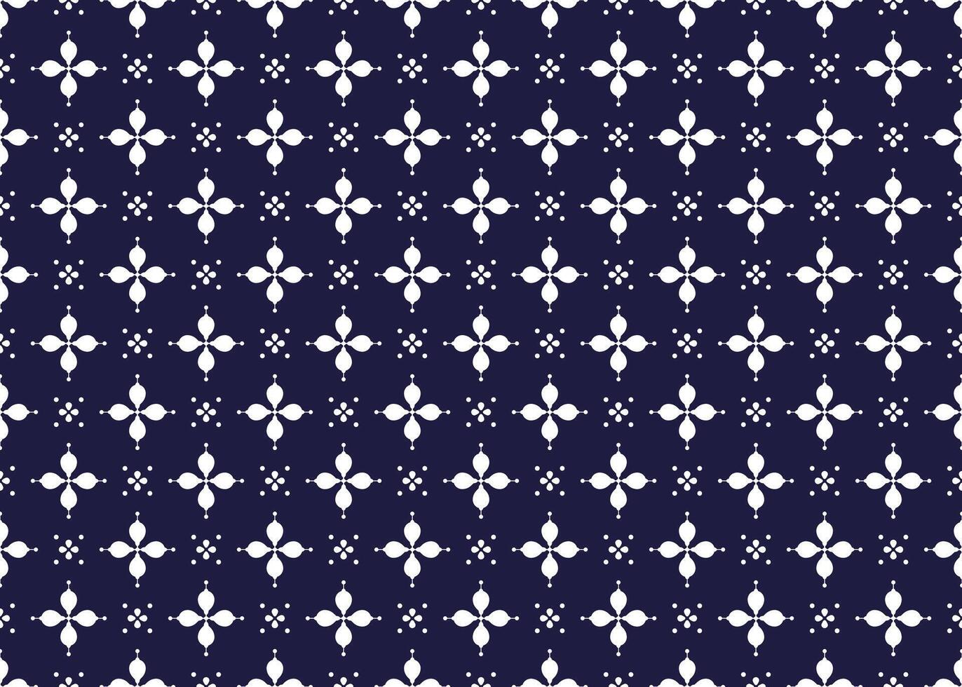 White symbol flowers form on dark blue background, ethnic fabric seamless pattern design for cloth, carpet, batik, wallpaper, wrapping etc. vector