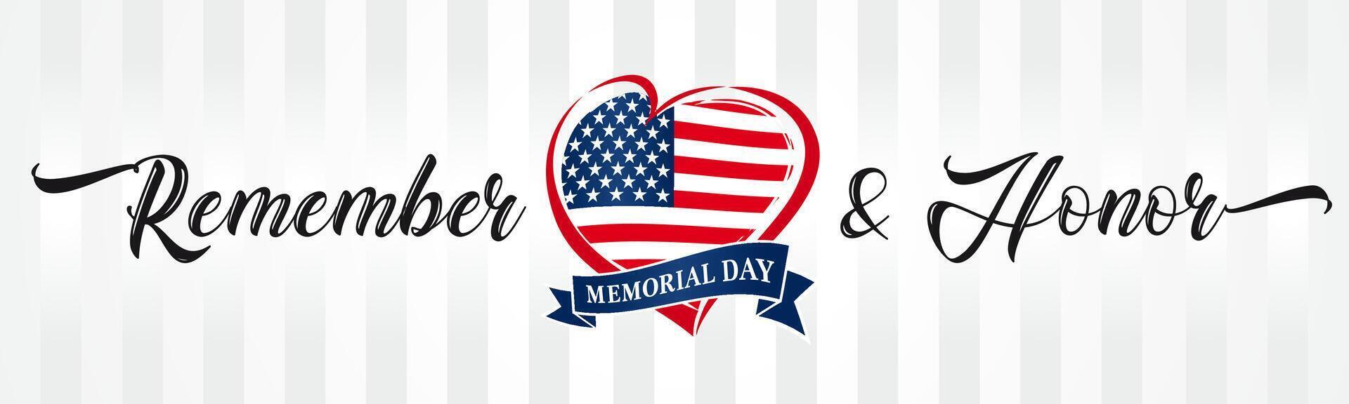 Memorial day, remember and honor horizontal banner with creative heart icon vector