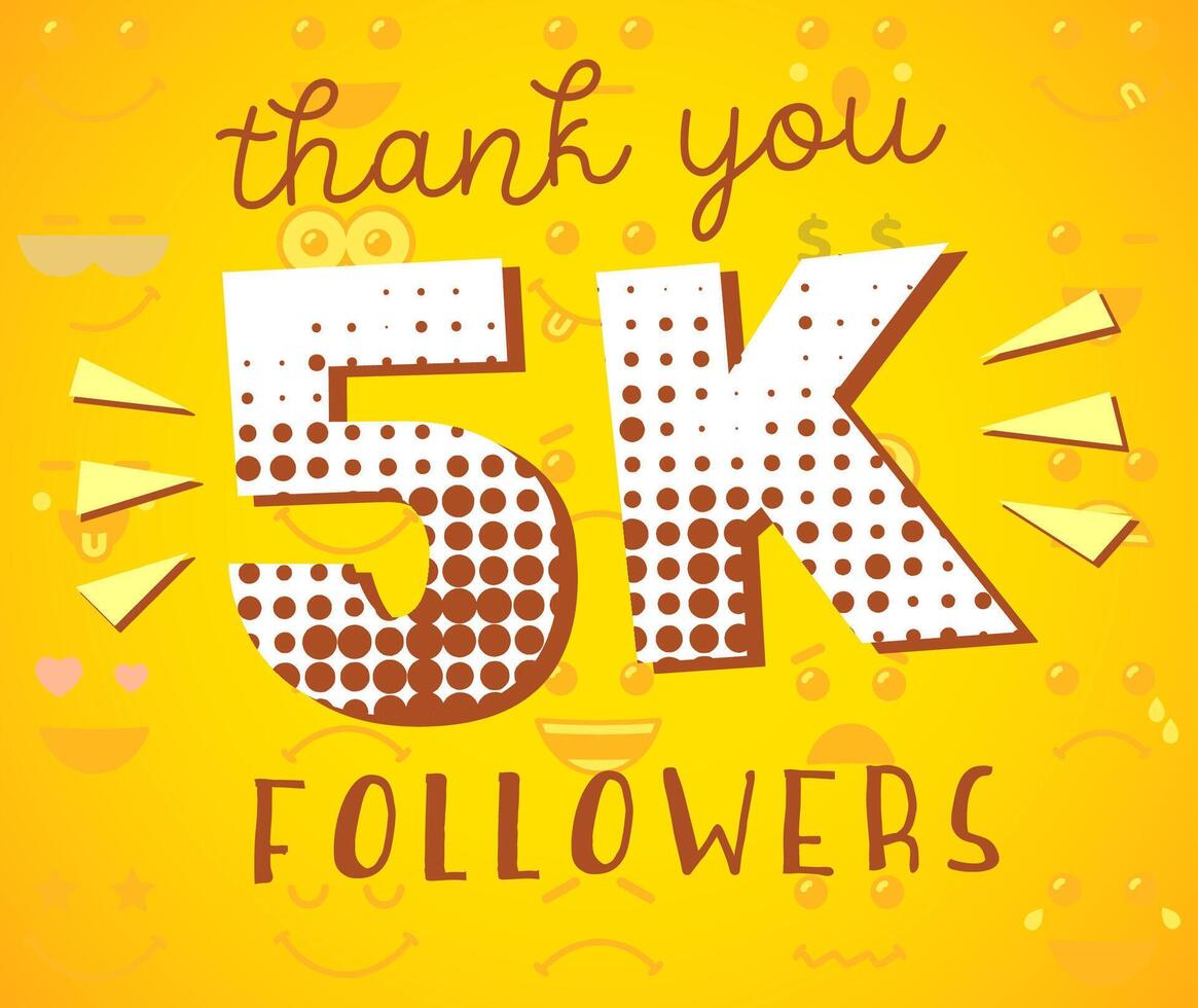 Thank you 5.000 followers Internet banner. Social media poster for 5K subscribers. Network thanks for 5k users and likes. Blogging concept. Digital greeting card. Number with newspaper retro backdrop. vector