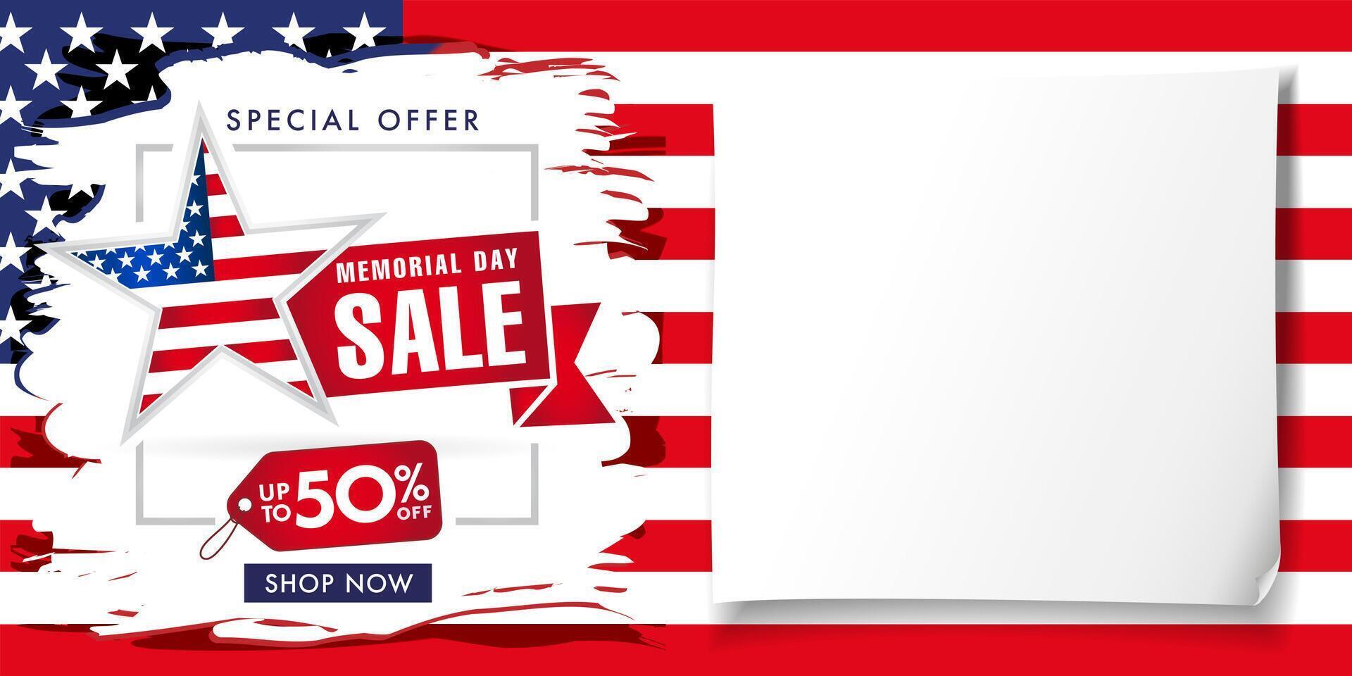 Happy Memorial Day USA sale flyer with empty blank. Shopping coupon design with white sheet of paper vector