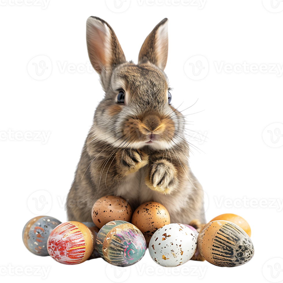 Easter bunny with easter eggs on isolated transparent background png
