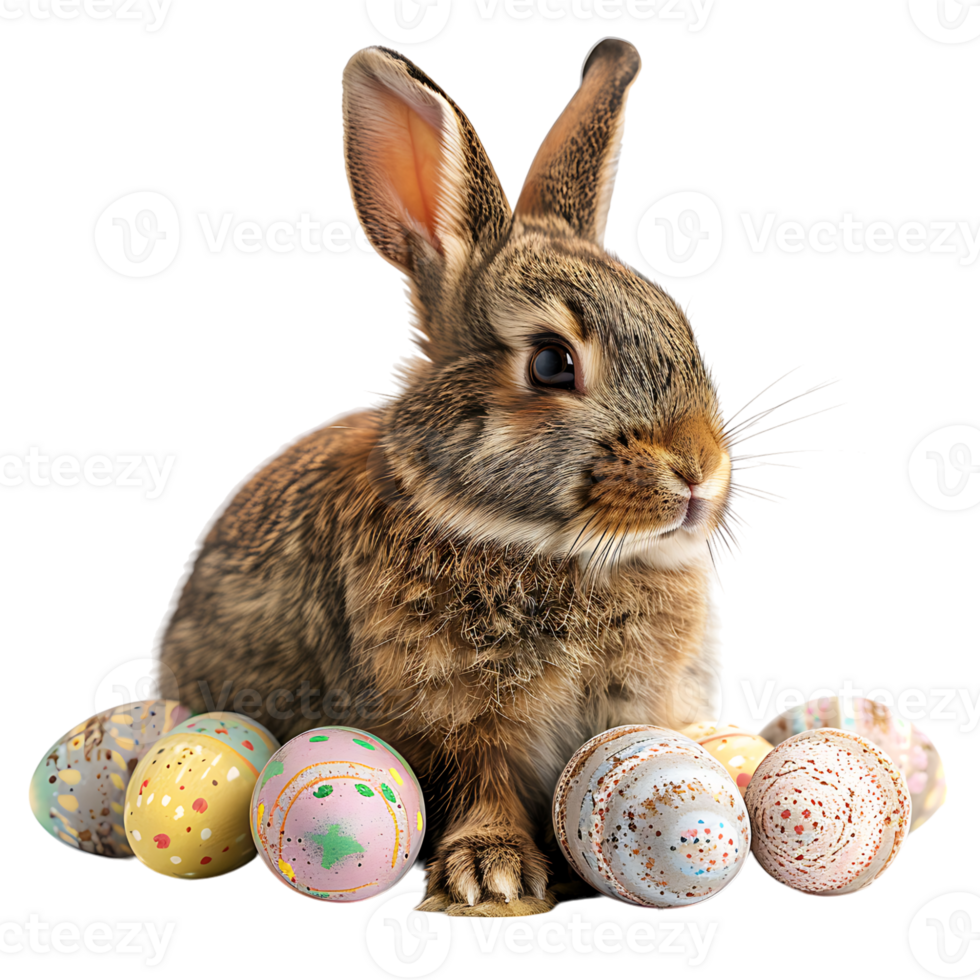 Easter bunny with easter eggs on isolated transparent background png