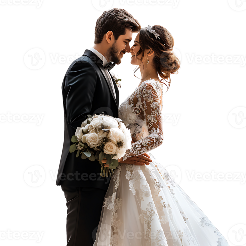 Bride and groom wedding pose on isolated transparent background png