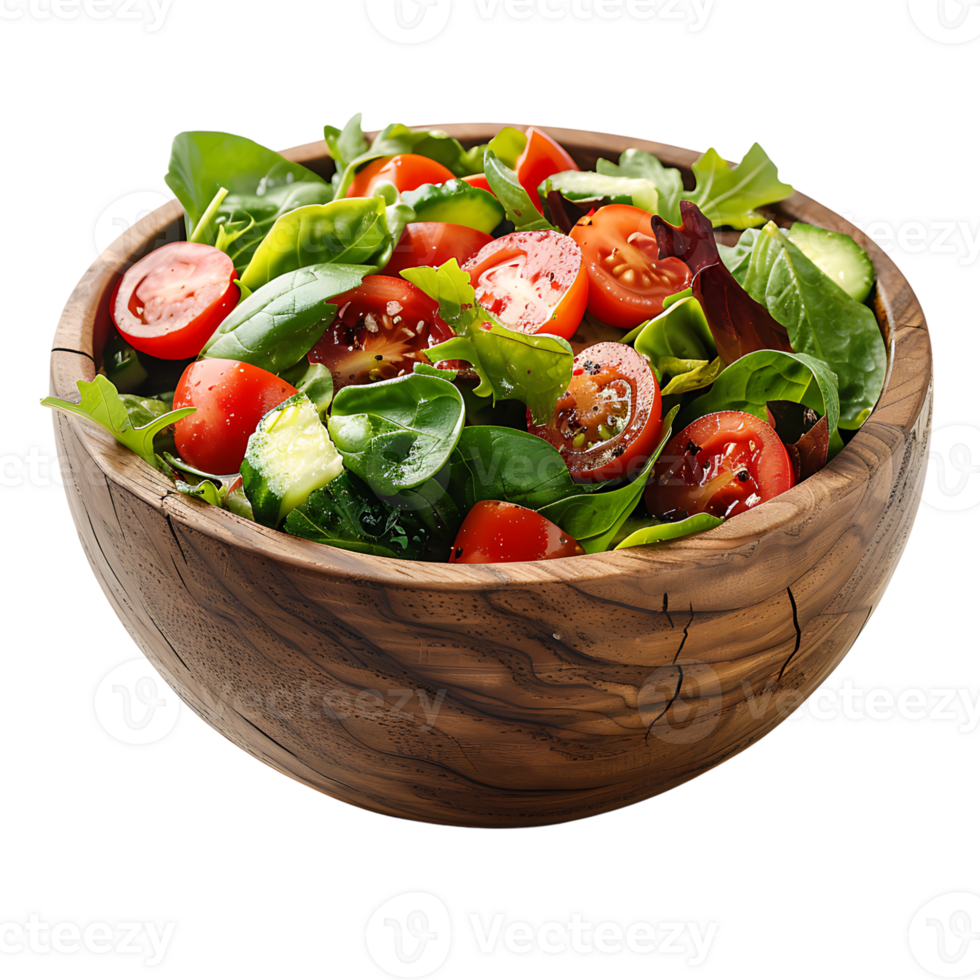 Salad in wooden bowl on isolated transparent background png