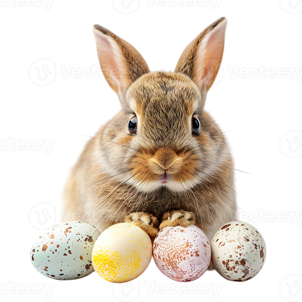 Easter bunny with easter eggs on isolated transparent background png