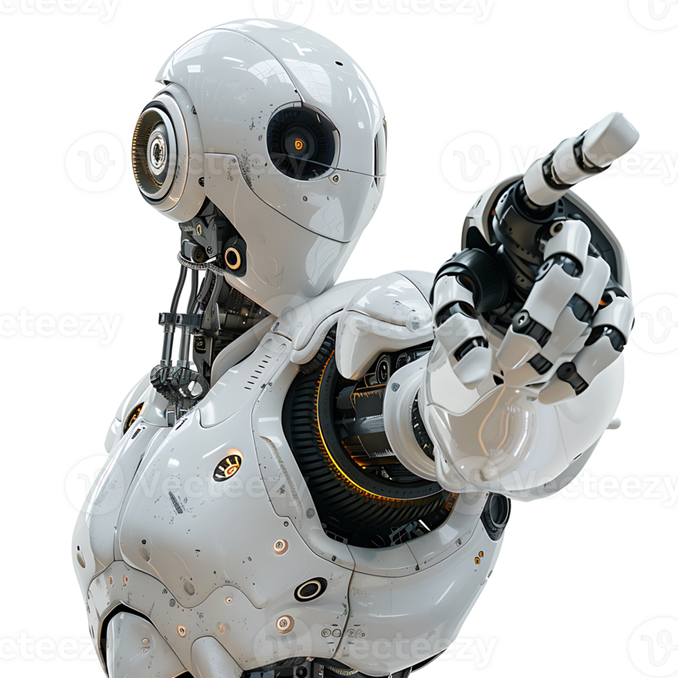 Ai android robot pointing hand at front on isolated transparent background png