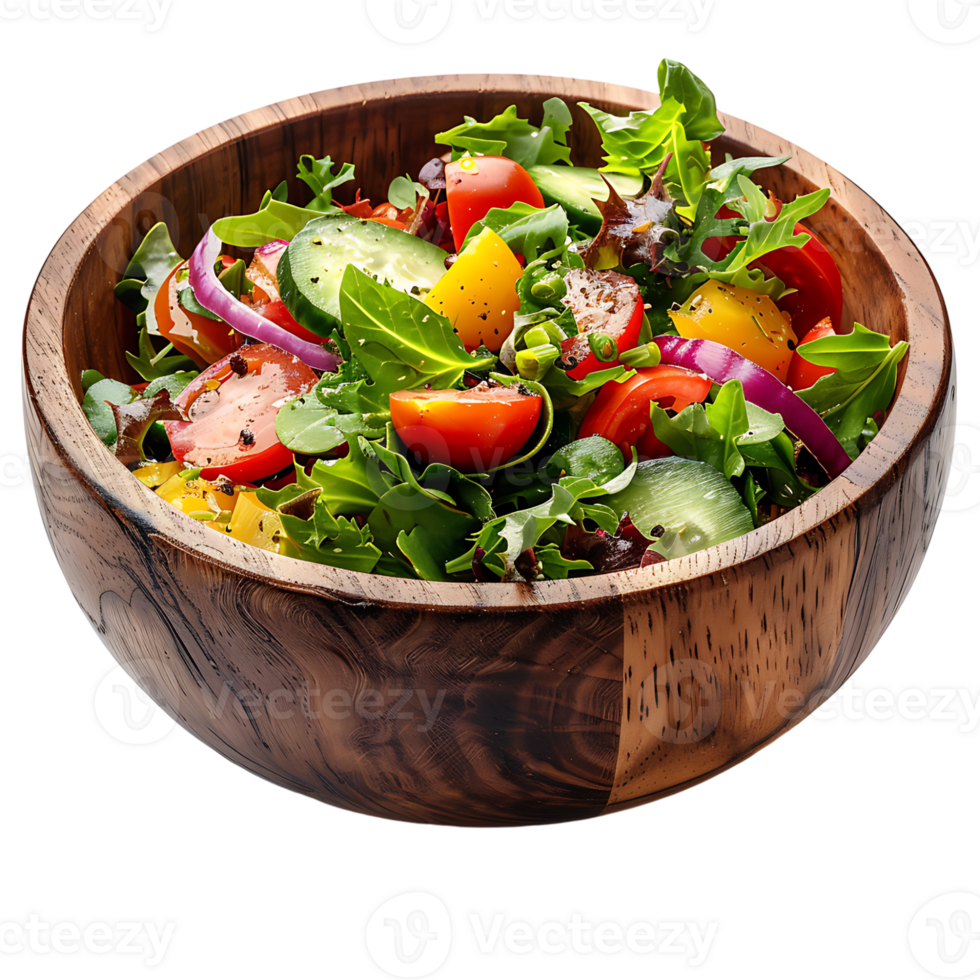 Salad in wooden bowl on isolated transparent background png