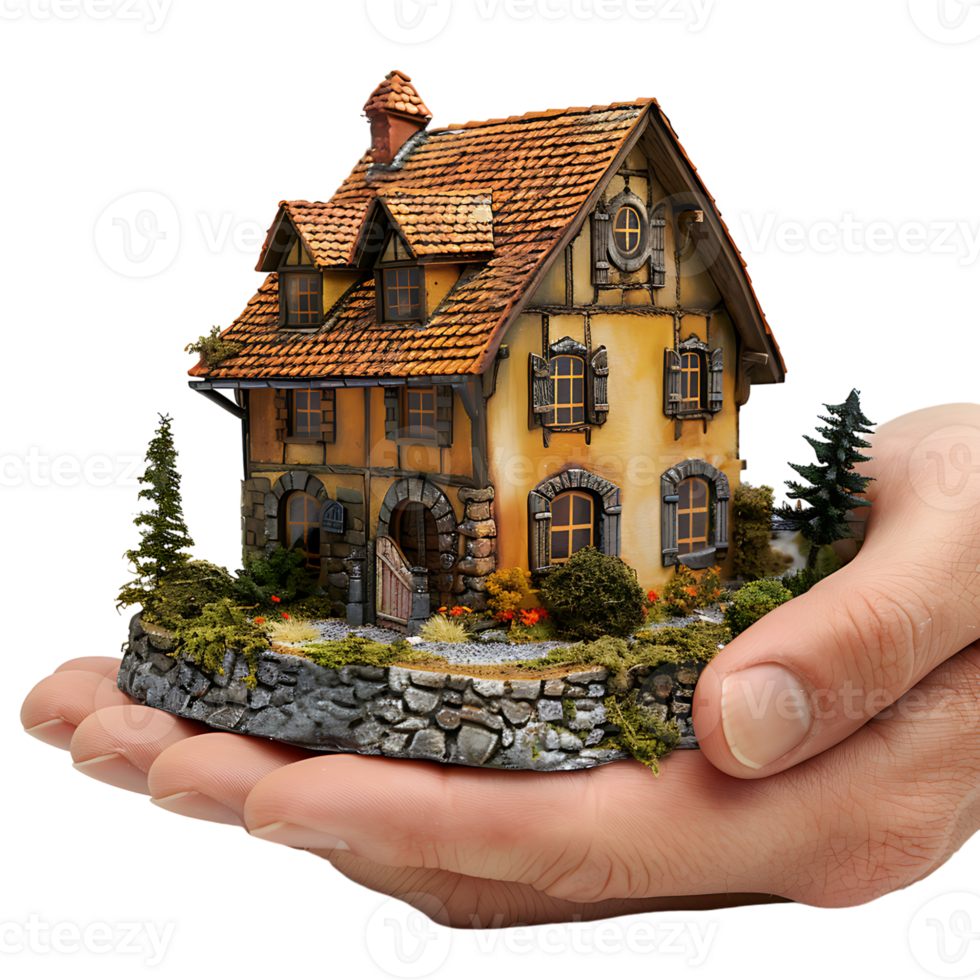 Hand holding miniature house on isolated transparent background png