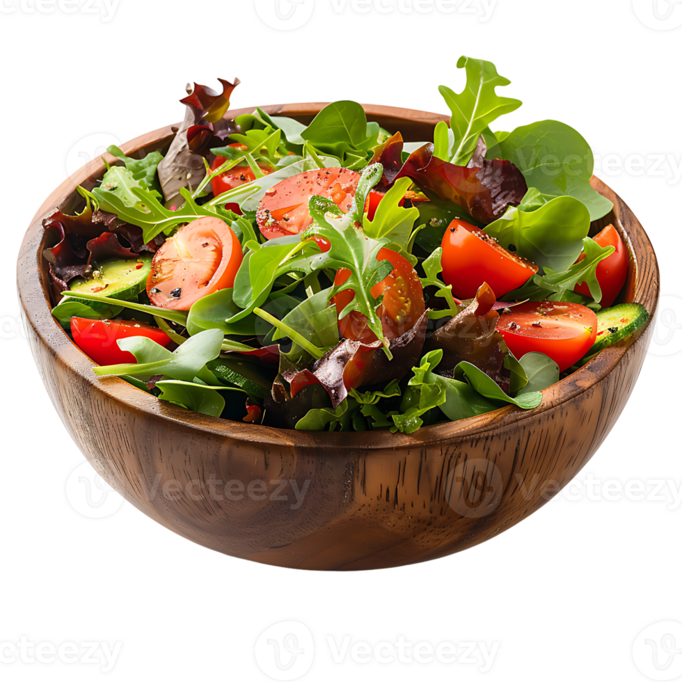 Salad in wooden bowl on isolated transparent background png