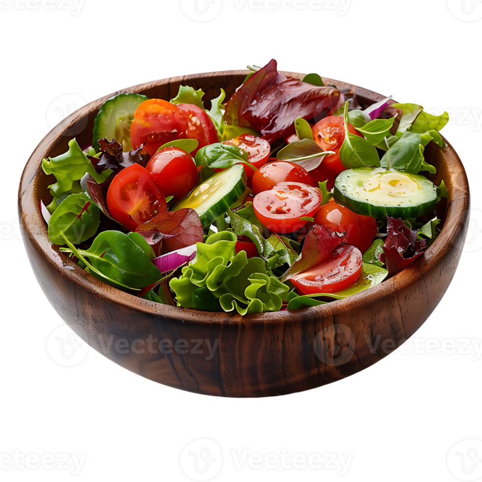 Salad in wooden bowl on isolated transparent background png