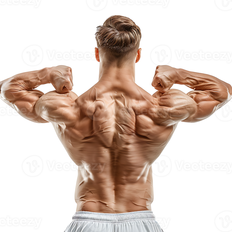 Back muscle flexing on isolated transparent background png