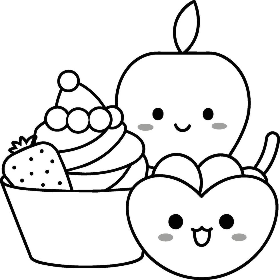 Kawaii coloring book illustration. Food coloring pages. vector