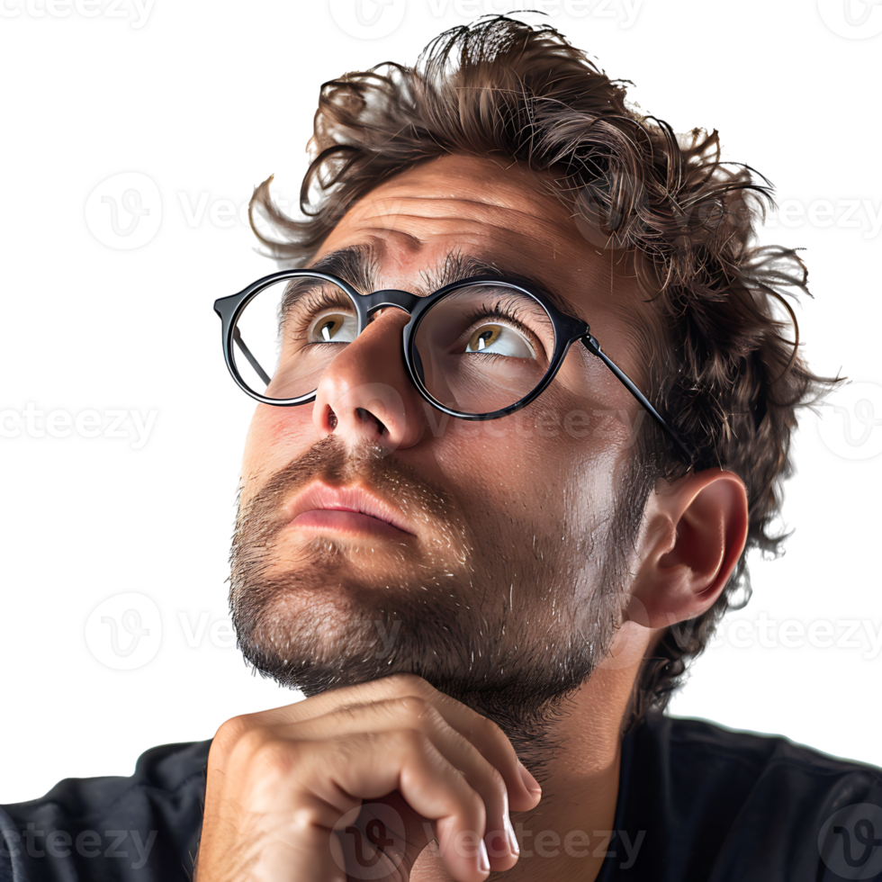 Man with glasses thinking on isolated transparent background png