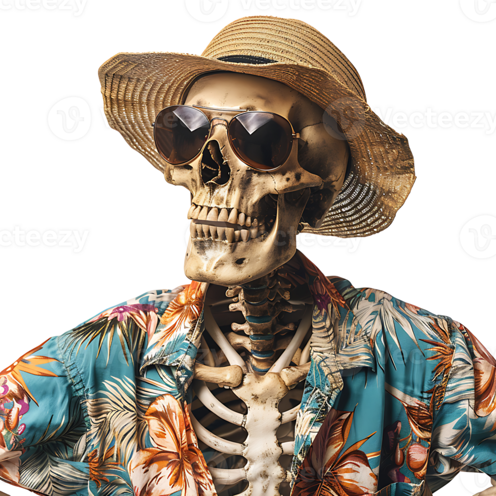 Skeleton wearing tropical shirt glasses and hat on isolated transparent background png
